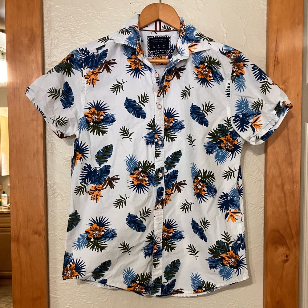 Denim & Flower White Tropical Print Shirt